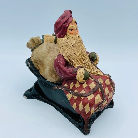 Vintage Folk Art Old World Santa on Sleigh Checker Blanket Signed Diana Wade '88 - Picture 2 of 8